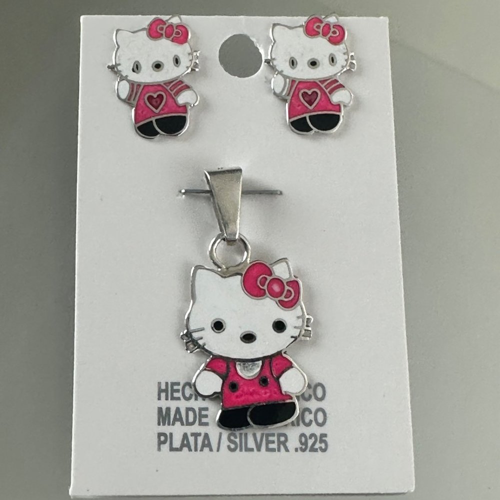 Hello Kitty Silver 925 Earrings & Pendant Set Trendy Girls Jewelry Made In Mexic - Picture 3 of 10
